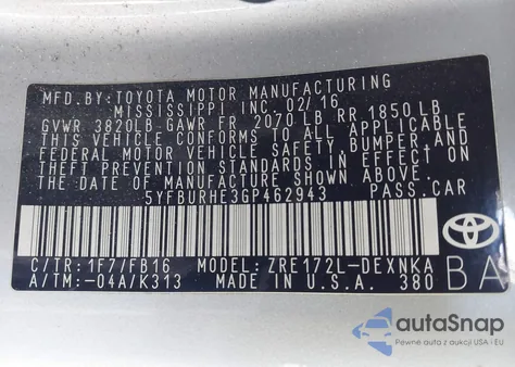 2016 Toyota Corolla Le z USA, uszkodzony, nr VIN 5YFBURHE3GP462943